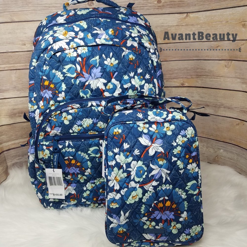 VERA BRADLEY Essential Large Backpack  Floral Blue Bursts Lunch Bunch Set New - Picture 14 of 16